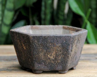 Hexagon Unglazed Brown Clay Bonsai Pot: Rustic Textured Polygonal Succulent Planter
