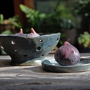 Organic formed ceramic berry bowl and drip plate set, handmade mid sized teal blue glazed clay colander, rustic fruit bowl gift for home