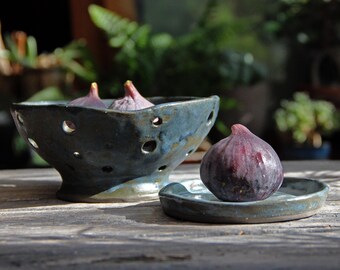 Organic formed ceramic berry bowl and drip plate set, handmade mid sized teal blue glazed clay colander, rustic fruit bowl gift for home