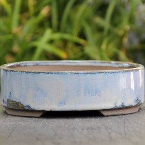 Handmade ceramic light blue glazed oval bonsai succulent cactus pot, bonsai exhibition pot, shallow oval blue rustic wildflower planter