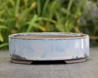 Light Blue Glazed Oval Bonsai Succulent Pot: Shallow Artisan Minimalist Planter