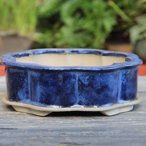 Lotus Shaped Blue Glazed Bonsai Pot: Handmade Ceramic Shallow Succulent Cactus Planter Pot
