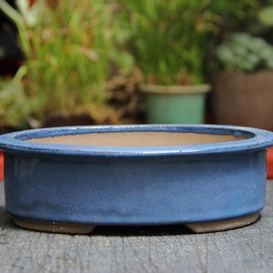 Handmade ceramic oval blue glazed bonsai pot, vibrant blue succulent cactus bonsai planter pot, unique minimalist oval bonsai pottery pot