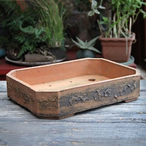 Large 13 inch Handmade Ceramic Rectangular Bonsai Pot: Rustic Brown Clay Textured Shallow Succulent Planter
