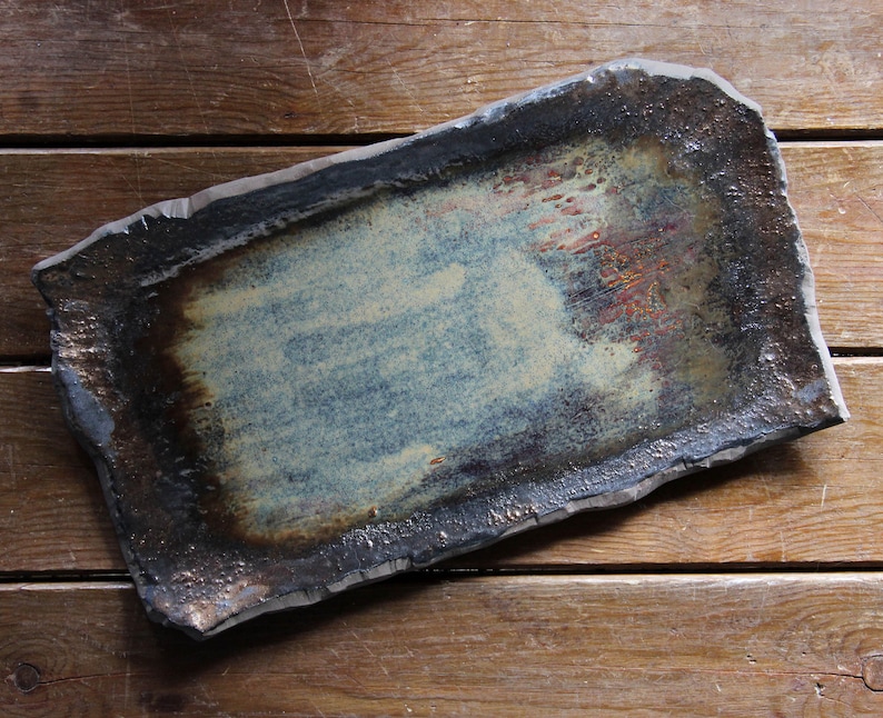 Ceramic platter, beige and bronze rustic rectangle tray platter, sushi plate, abstract design pottery platter, centerpiece platter image 1