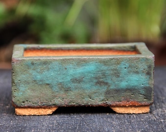 Rustic ceramic green rust patina glazed bonsai pot, handmade shallow rectangular succulent cactus planter clay pot, bonsai tree display pot