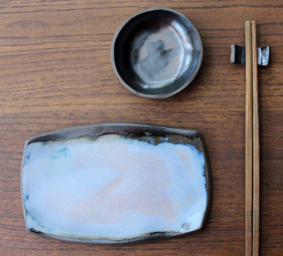 Ceramic Sushi Plate Set, Blue Plate Bowl and Chopstick Rest, Sushi