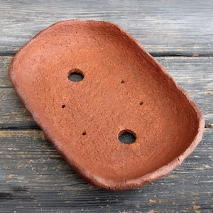 May include: A reddish-brown, rectangular bonsai pot with a textured surface and several drainage holes. The pot has a slightly irregular rim and is made of a porous material. The pot is designed for growing bonsai trees.