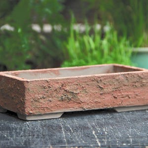 Rustic Rectangle Unglazed Low Bonsai Pot: Red Clay Textured Succulent Planter