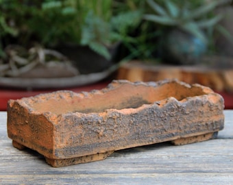 Bonsai Pot, Sculptural Rectangle Unglazed Clay: Rustic Handmade Ceramic Brown Textured Planter