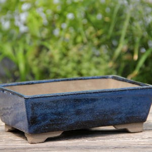 Handmade rectangular blue glazed bonsai tree pot, elegant rustic minimalist rectangle geometric bonsai pot succulent cactus planter gift