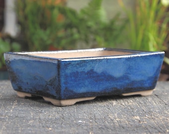 Rectangular Blue Glazed Bonsai Pot: Modern Succulent Planter