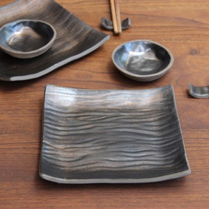 TWO Persons HandmadeCeramic Plate Set, sushi plate saucer bowl chopstick rest, square plates, sushi gift set, unique bronze sushi plates image 2