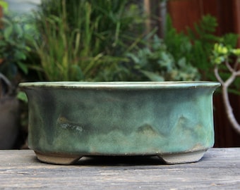 Green Oval Bonsai Pot: Artisan Patina Green Glazed Ceramic Succulent Planter