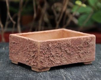 Rustic Unglazed Light Brown Clay Textured Bonsai Pot: Rectangular Succulent Planter