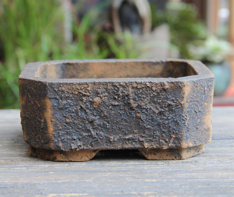 Textured Brown Clay Shohin Bonsai Pot, Angled Rectangle Rustic Planter ...