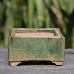 Green Glazed Square Shohin Bonsai Pot: Modern Mini Succulent Planter