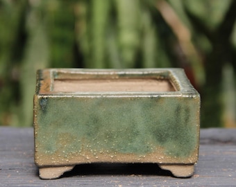 Green Glazed Square Shohin Bonsai Pot: Modern Mini Succulent Planter