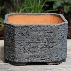 May include: A dark gray, textured, octagonal planter with a reddish-brown interior. The planter has a rough, weathered appearance and sits on small feet. Ideal for succulents or small plants.