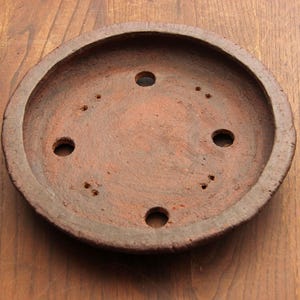 May include: A terracotta saucer with six drainage holes. The saucer is brown and has a rough texture.