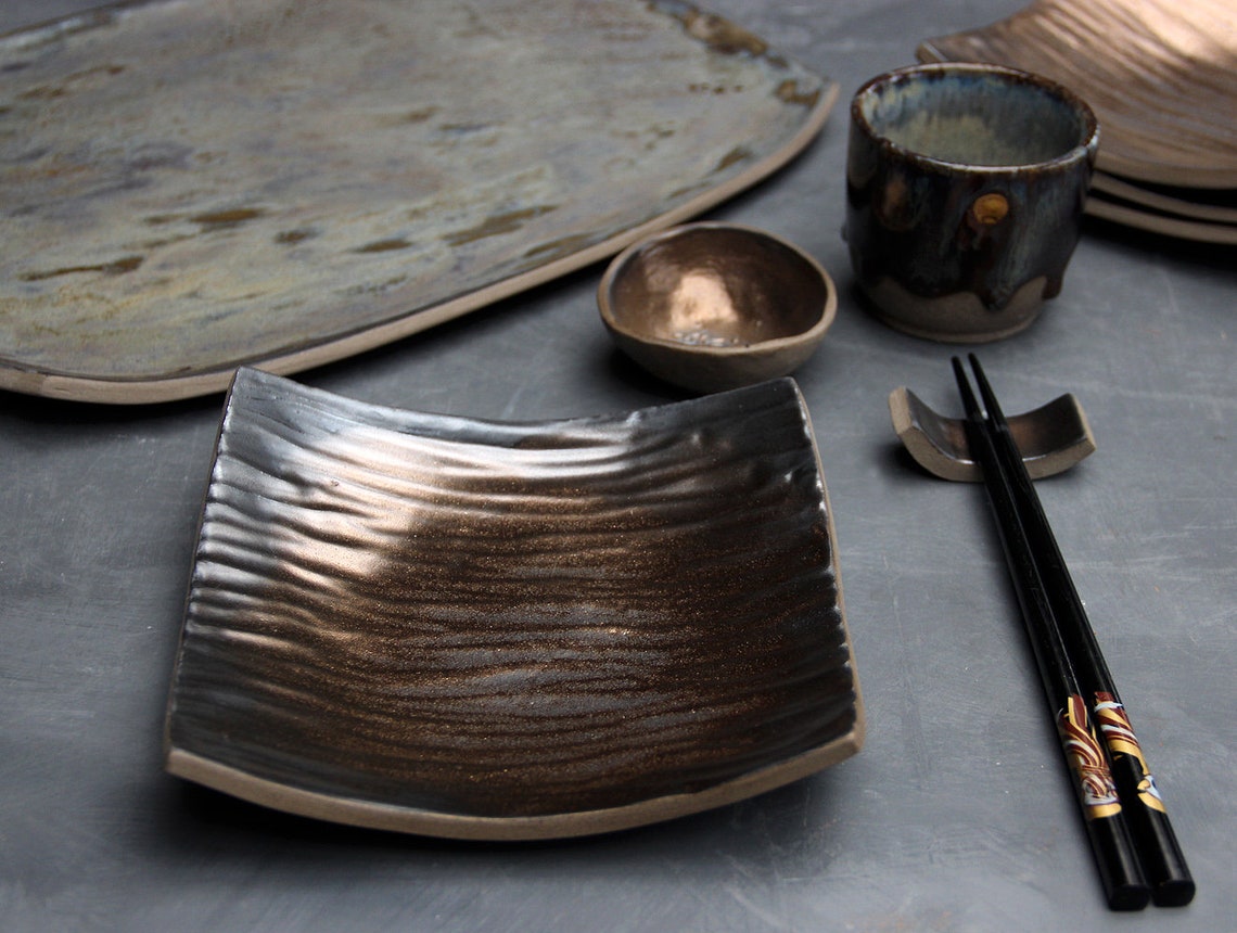 Sushi plate set plate and bowl bronze sushi set with saucer Etsy