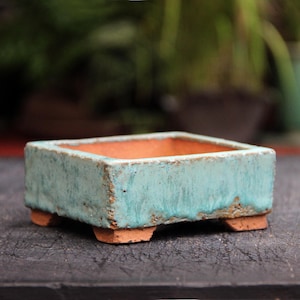 Puede incluir: Una maceta cuadrada y poco profunda de cerámica con un exterior texturizado esmaltado en turquesa claro y un interior de color terracota natural. El recipiente cuenta con cuatro patas pequeñas y resistentes en la base, con un aspecto rústico.