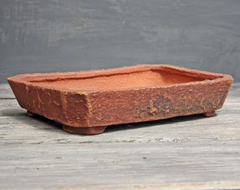 Handmade ceramic bonsai pot, red and brown clay unglazed faceted rectangle bonsai pot, succulent cactus pot, shohin bonsai tree pot