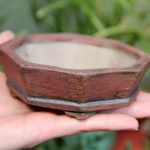 Rustic octagonal ceramic red clay bonsai pot, geometric shallow succulent cactus pot, shohin bonsai tree pot, gift pot for bonsai artist