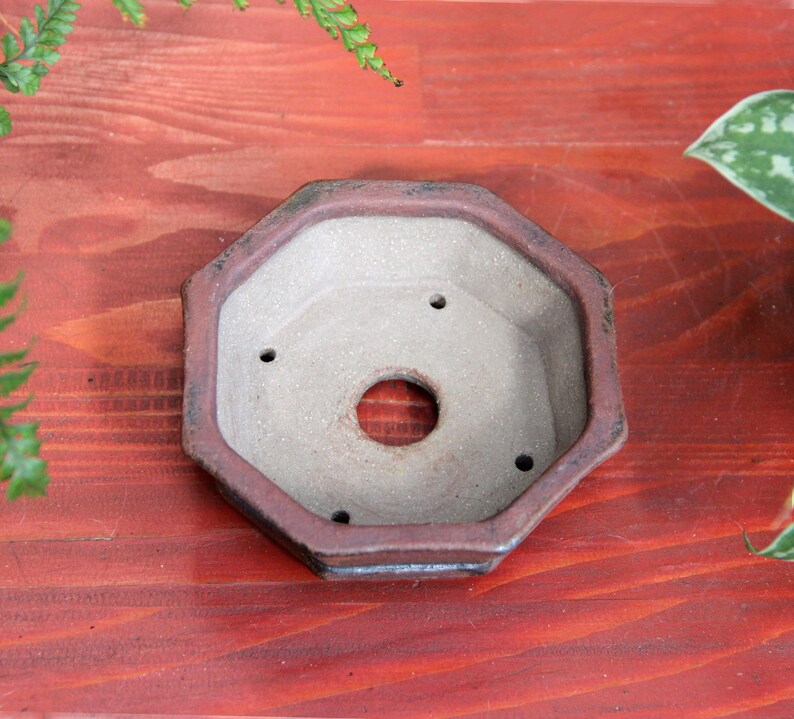 Rustic octagonal ceramic red clay bonsai pot, geometric shallow succulent cactus pot, shohin bonsai tree pot, gift pot for bonsai artist