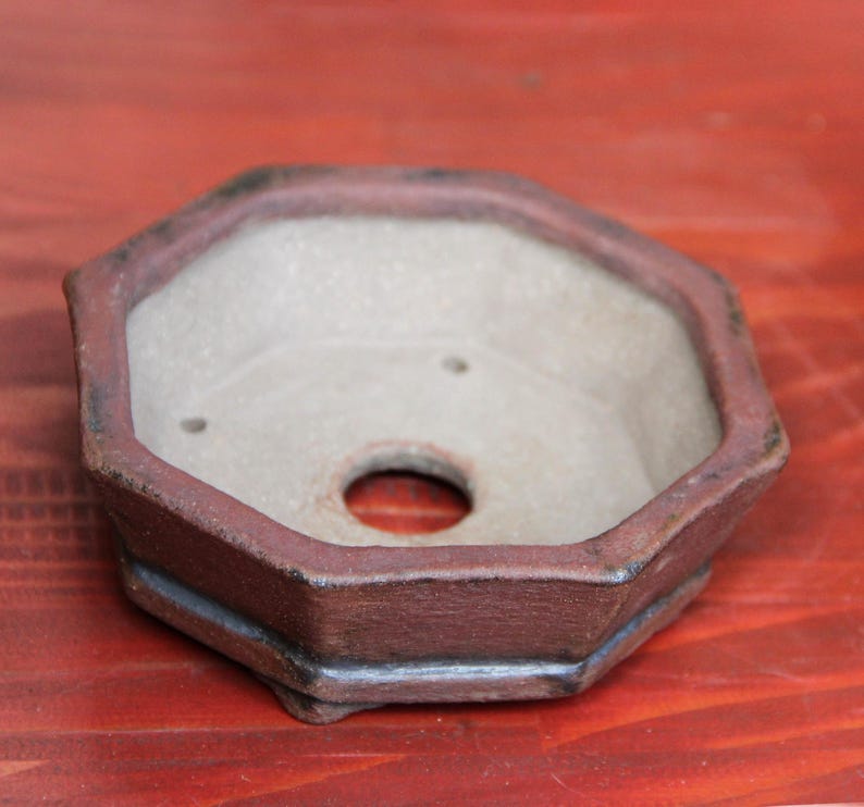 Rustic octagonal ceramic red clay bonsai pot, geometric shallow succulent cactus pot, shohin bonsai tree pot, gift pot for bonsai artist