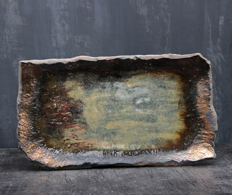 Ceramic platter, beige and bronze rustic rectangle tray platter, sushi plate, abstract design pottery platter, centerpiece platter image 2