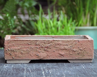 Rustic Rectangle Unglazed Low Bonsai Pot: Red Clay Textured Succulent Planter