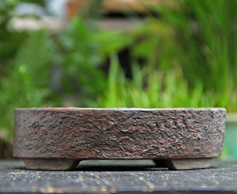 Handmade ceramic bonsai pot, unglazed textured red brown round stoneware clay bonsai pot, succulent cactus planter, bonsai exhibition pot image 2