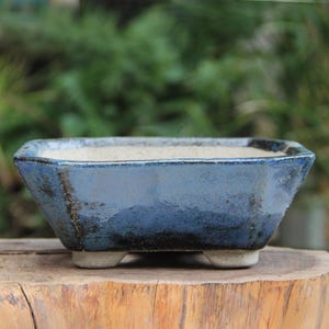 Vaso retangular angulado de cerâmica esmaltada azul para bonsai: Vaso raso poligonal para suculentas