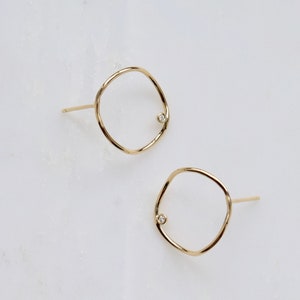 Diamond Wave Hoops Gold Diamond Hoops, Gold Hoop Studs, Solid Gold Diamond Earrings, Diamond Circle Studs, Wave Earrings image 2