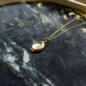 May include: A gold-toned necklace featuring a small, smooth, oval-shaped pendant with a polished, reflective surface. The pendant is attached to a delicate, fine-linked gold-toned chain that extends diagonally across the frame.