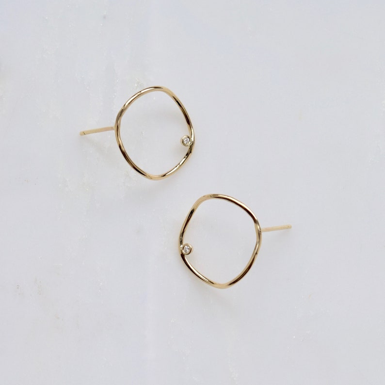 Diamond Wave Hoops Gold Diamond Hoops, Gold Hoop Studs, Solid Gold Diamond Earrings, Diamond Circle Studs, Wave Earrings image 2