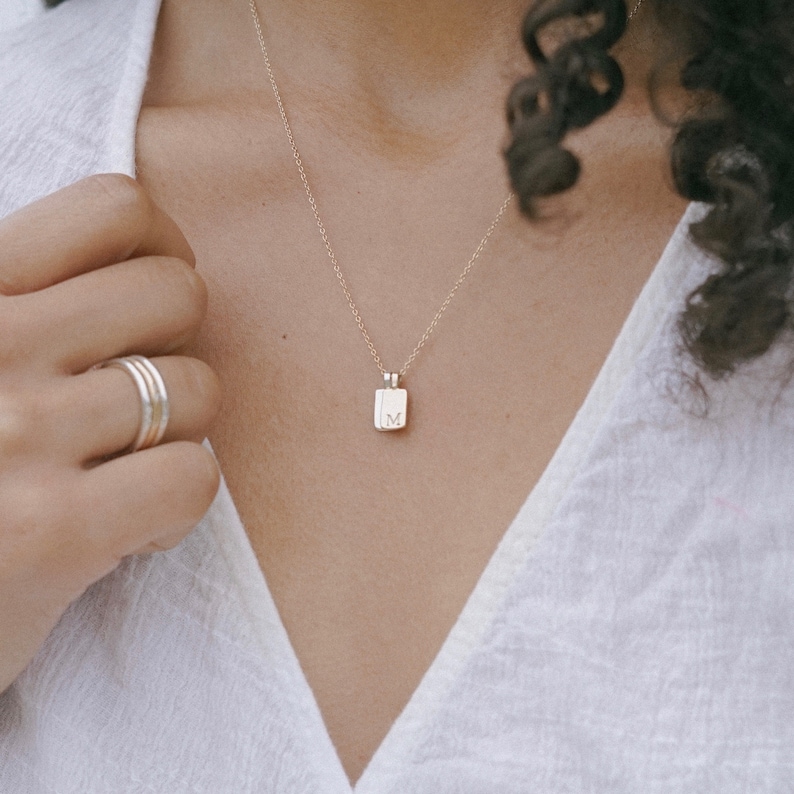 14k Gold Tag Necklace Initial Tag Necklace Solid Gold Etsy