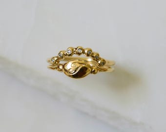 Curved Diamond Wedding Band, 14k Gold Beaded Ring