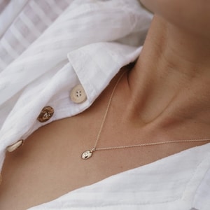 May include: A fine gold necklace with a small, oval pendant. The pendant has a subtle design and hangs from a delicate chain. The necklace is worn over a white button-down shirt.