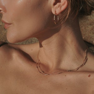 May include: A close-up of a person wearing a gold necklace with two delicate chains. The necklace features small, round beads. The person is also wearing a gold hoop earring.