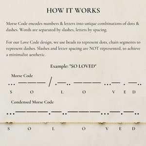 May include: A diagram explaining how Morse code is used to represent letters and words. The example uses the phrase "SO LOVED" and shows how the dots and dashes are represented by beads and chain segments on a necklace.