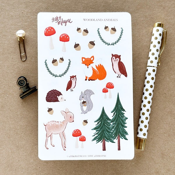 Woodland Animals Sticker Sheet, Illustrated Stickers, Forest Animal Stickers, Planner Decorating, Cute Stickers