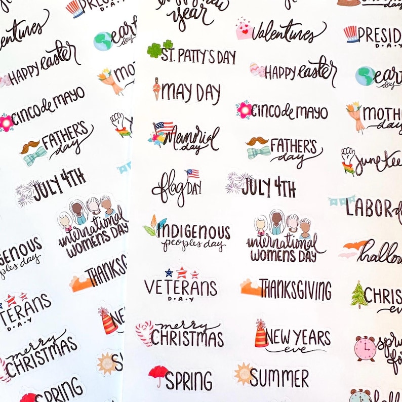 May include: A collection of holiday-themed stickers with handwritten text and illustrations. The stickers include phrases like "Happy Easter," "Cinco de Mayo," "Father's Day," and "July 4th." The designs feature festive icons and colorful accents.