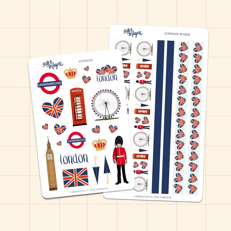 Coordinating Sticker Sheets with London Theme stickers including individual stickers and Washi tape stickers. Available for purchase in the drop down menu or in a listing.