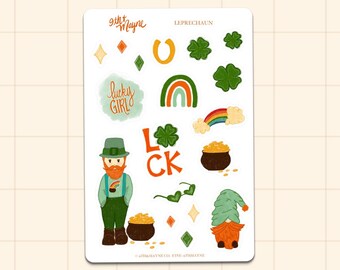 St Patrick's Day Gnome Planner Stickers: Hand-Drawn Irish Celebration Sheet for Bullet Journals