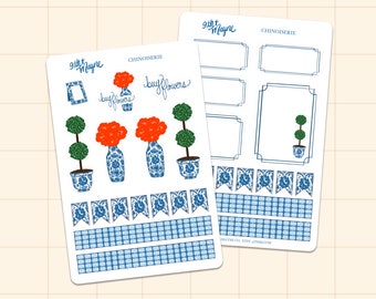 Chinoiserie Planner Stickers: Blue & White Topiary, Hand-Drawn (4”x6” Sheet)