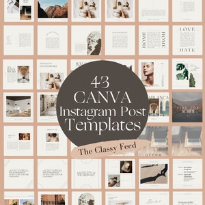 Puede incluir: Una colección de 43 plantillas de publicaciones de Instagram para Canva, con una estética minimalista y una paleta de colores neutros beige, blanco y negro. Las plantillas incluyen superposiciones de texto, imágenes y gráficos.