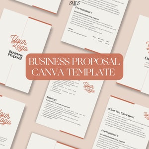 May include: A business proposal template for social media marketing services. The template features a pink and white color scheme with the text "Business Proposal Canva Template" in a large, bold font. The template includes sections for strategy, what you can expect, and fee summary.