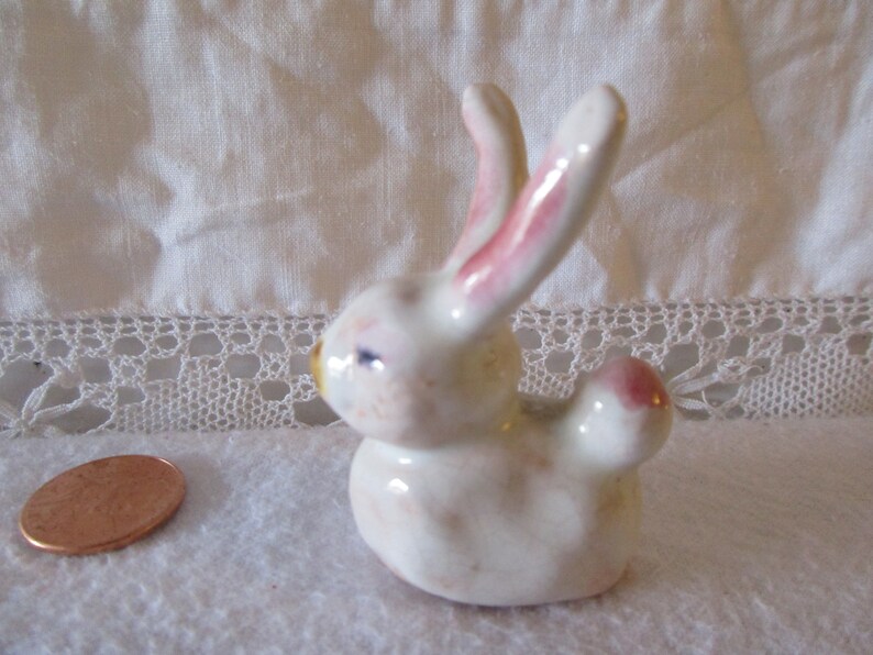 Bunny Rabbit White Sitting w Pink Ears Tail Plump Porcelain Vintage Unmarked